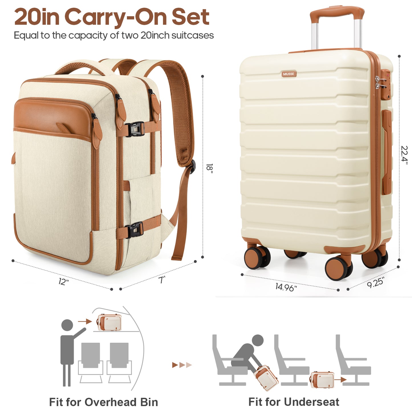MIUSSE Hard Shell Luggage Sets 3 Piece, Luggage with Backpack Set, 20 Inch Hardside Suitcase with Spinner Wheels and TSA Lock, Carry On Suitcase With Travel Backpack for Men Women