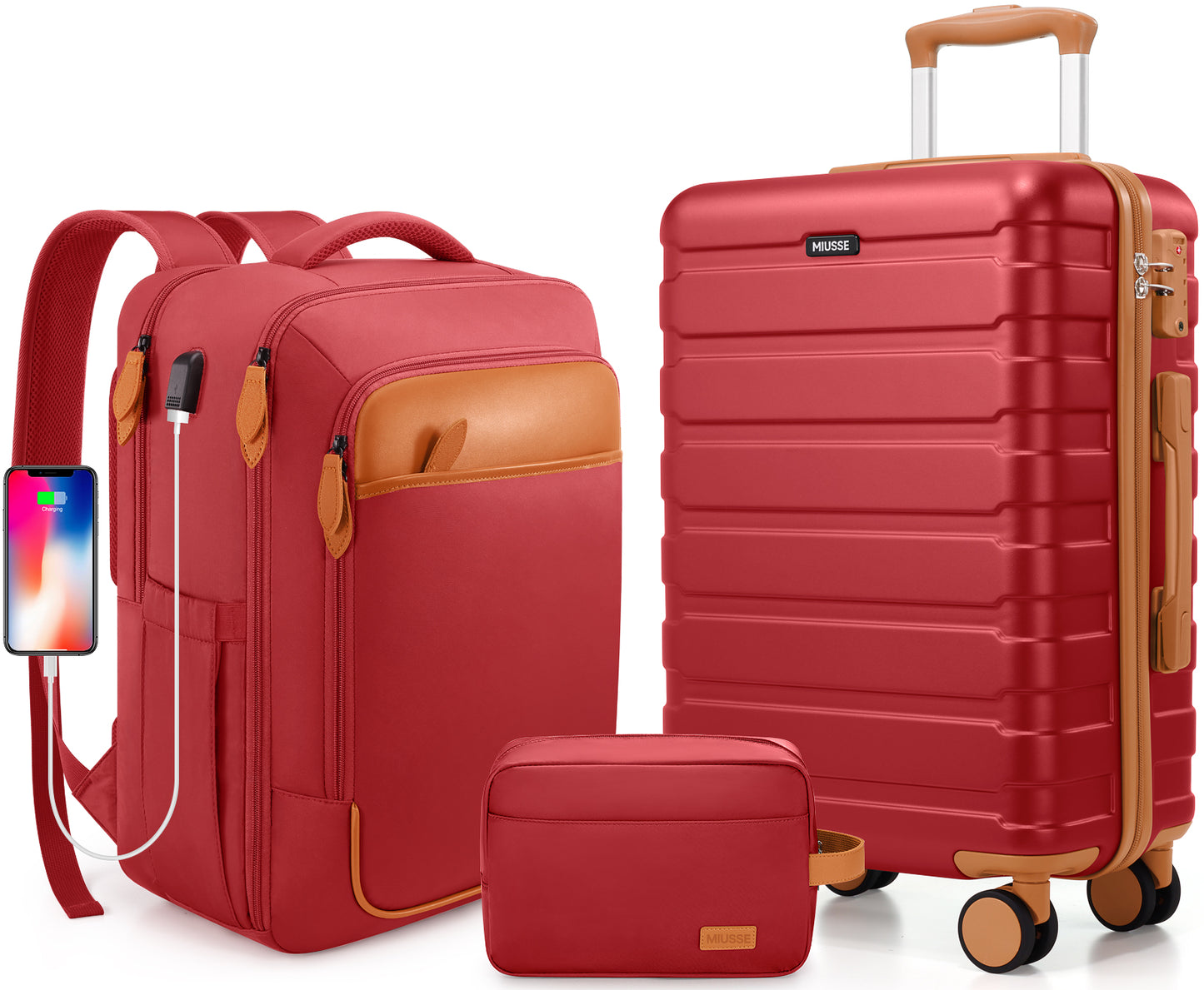 MIUSSE Carry on Luggage Set 3 Piece Hard Shell Luggage Sets with Spinner Wheels TSA Lock Carry on with Backpack Set