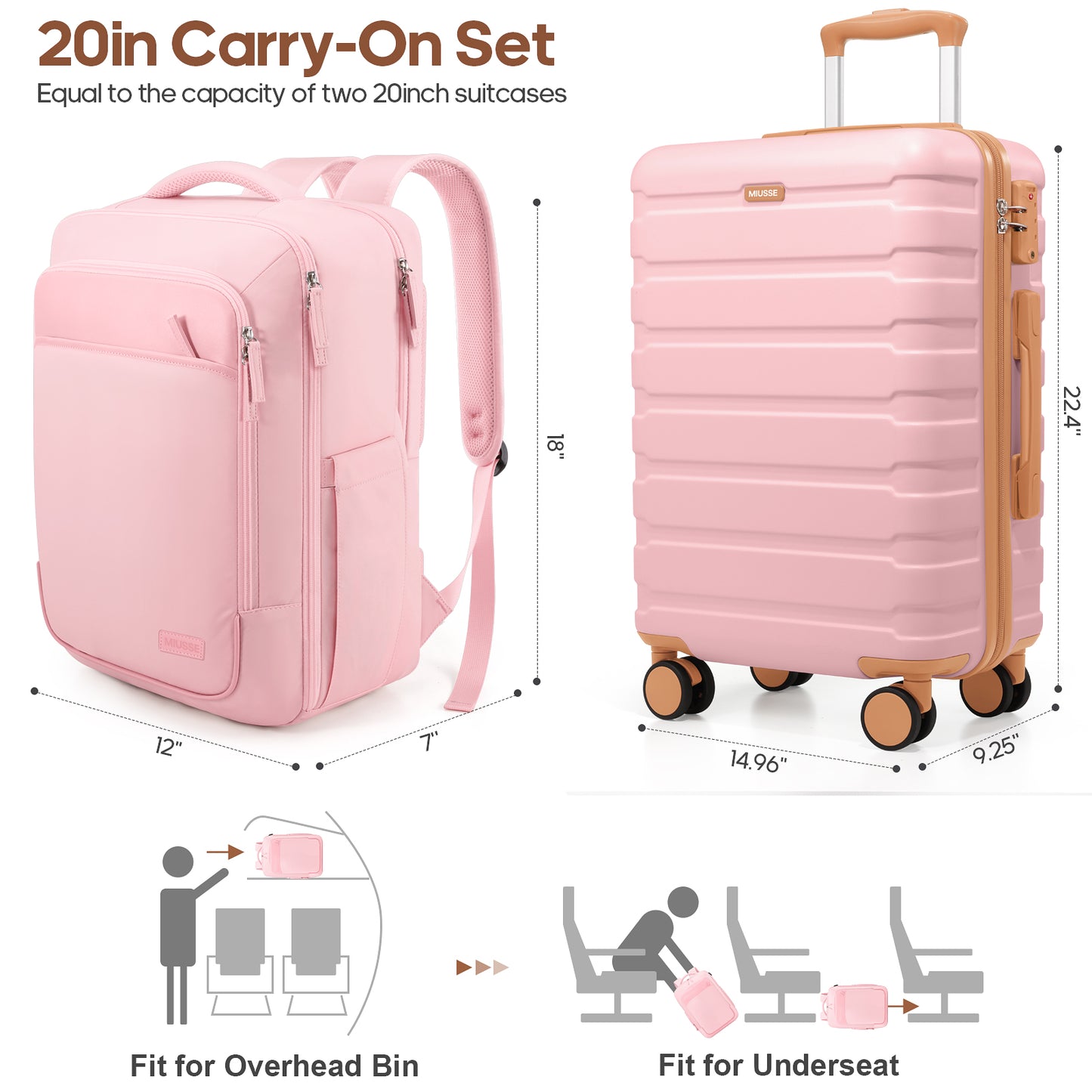 MIUSSE Carry On Luggage Set, Hard Shell Luggage Sets 3 Piece, Luggage with Backpack Set, 20 Inch Carry On Luggage Set with Backpack for Men Women