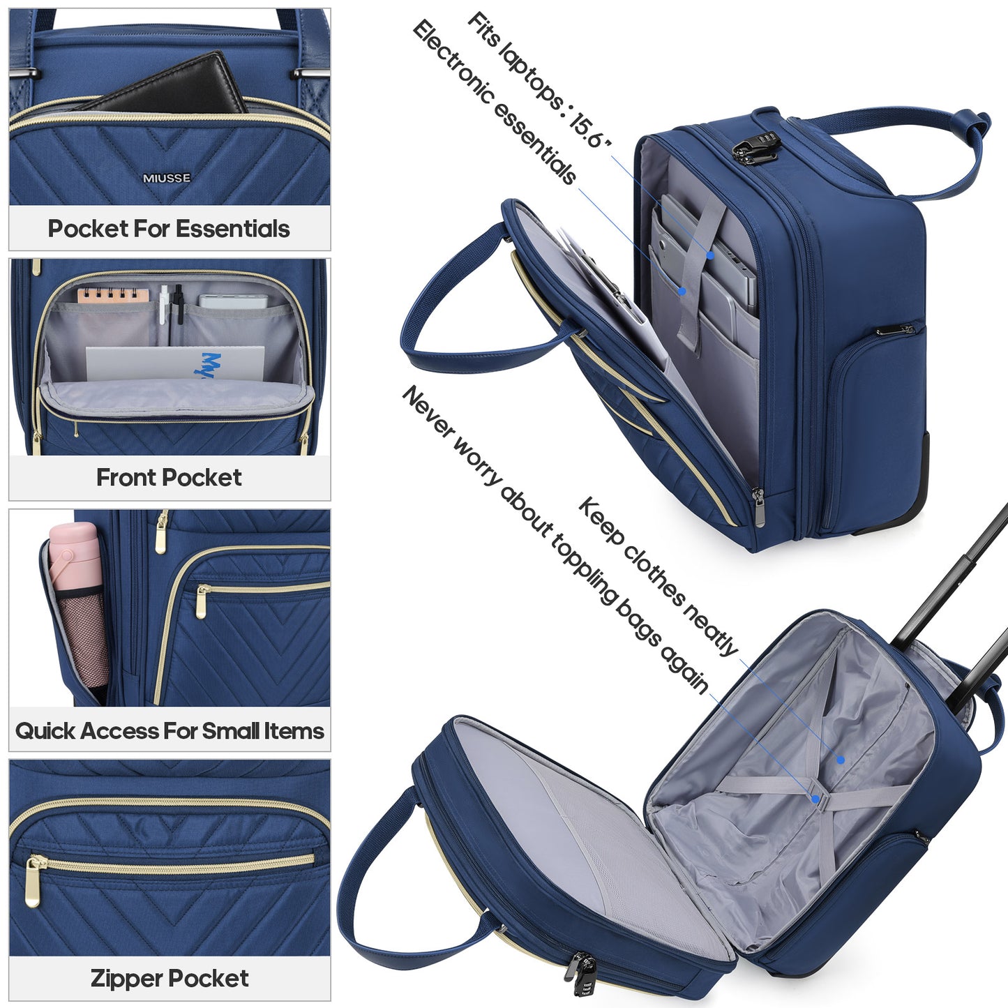 MIUSSE Underseat Carry on Luggage 16 Inch Soft Sided Luggage with Wheels and TSA Lock Airline Approved Small Suitcase for Men Women