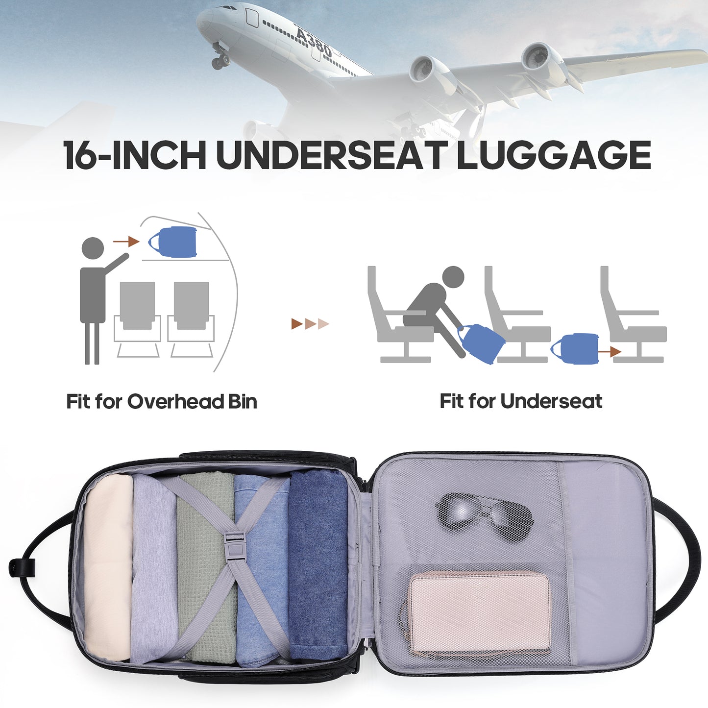 MIUSSE Underseat Carry on Luggage 16 Inch Soft Sided Luggage with Wheels and TSA Lock Airline Approved Small Suitcase for Men Women