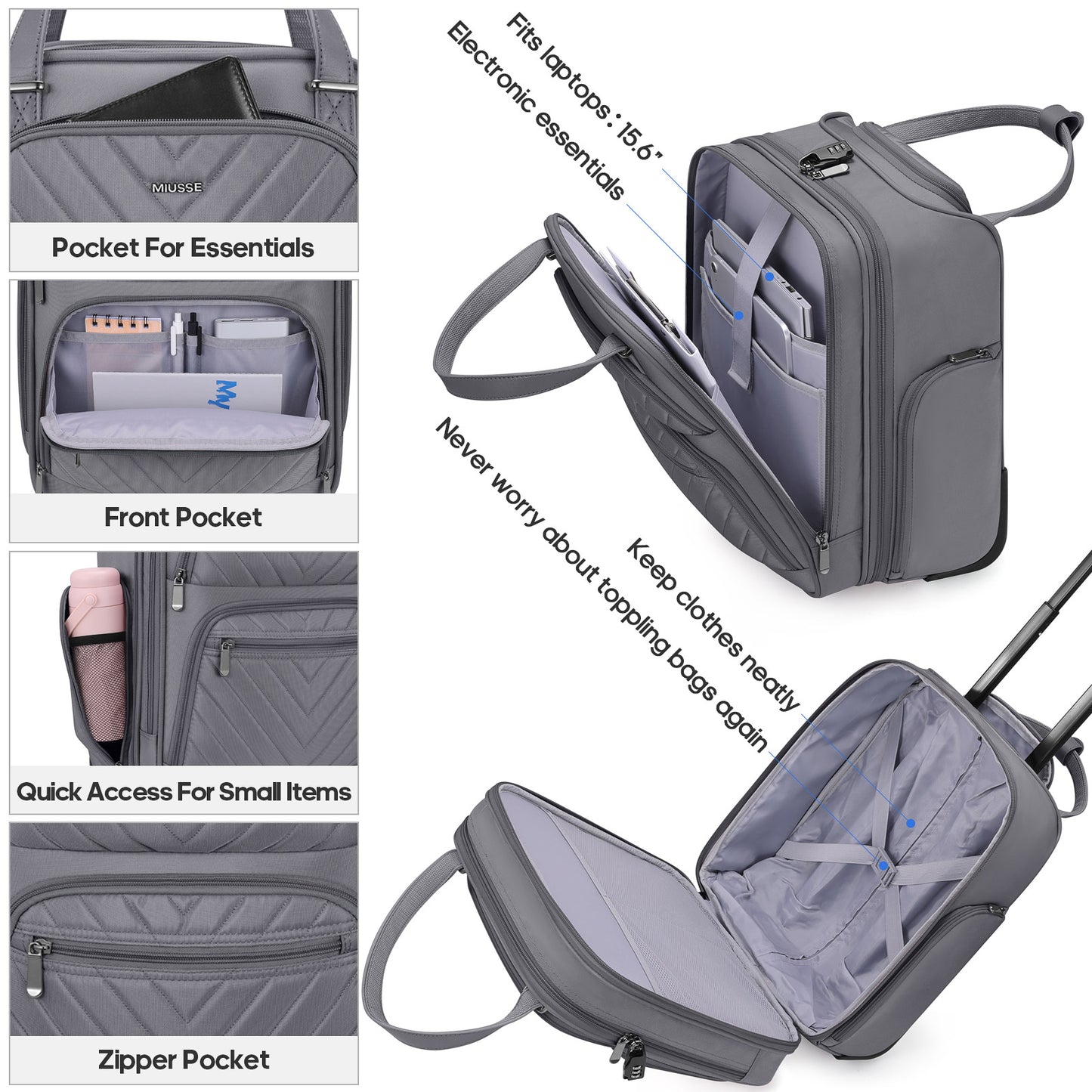 MIUSSE Underseat Carry on Luggage 16 Inch Soft Sided Luggage with Wheels and TSA Lock Airline Approved Small Suitcase for Men Women