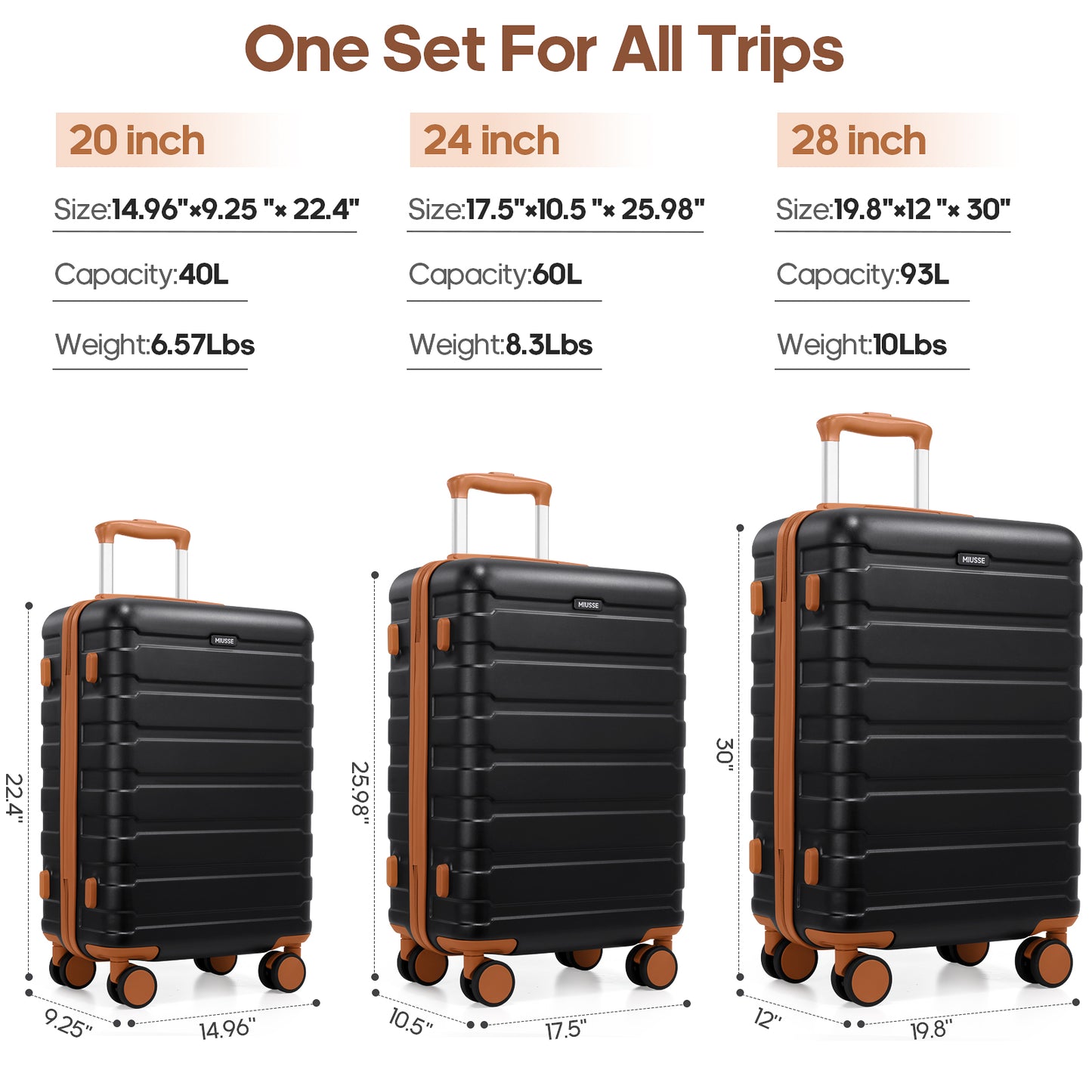 MIUSSE Hardshell Luggage Sets 3 Pieces, Hardside Lightweight Suitcase with Spinner Wheels and TSA Lock, Black Luggage Set 20in24in28in