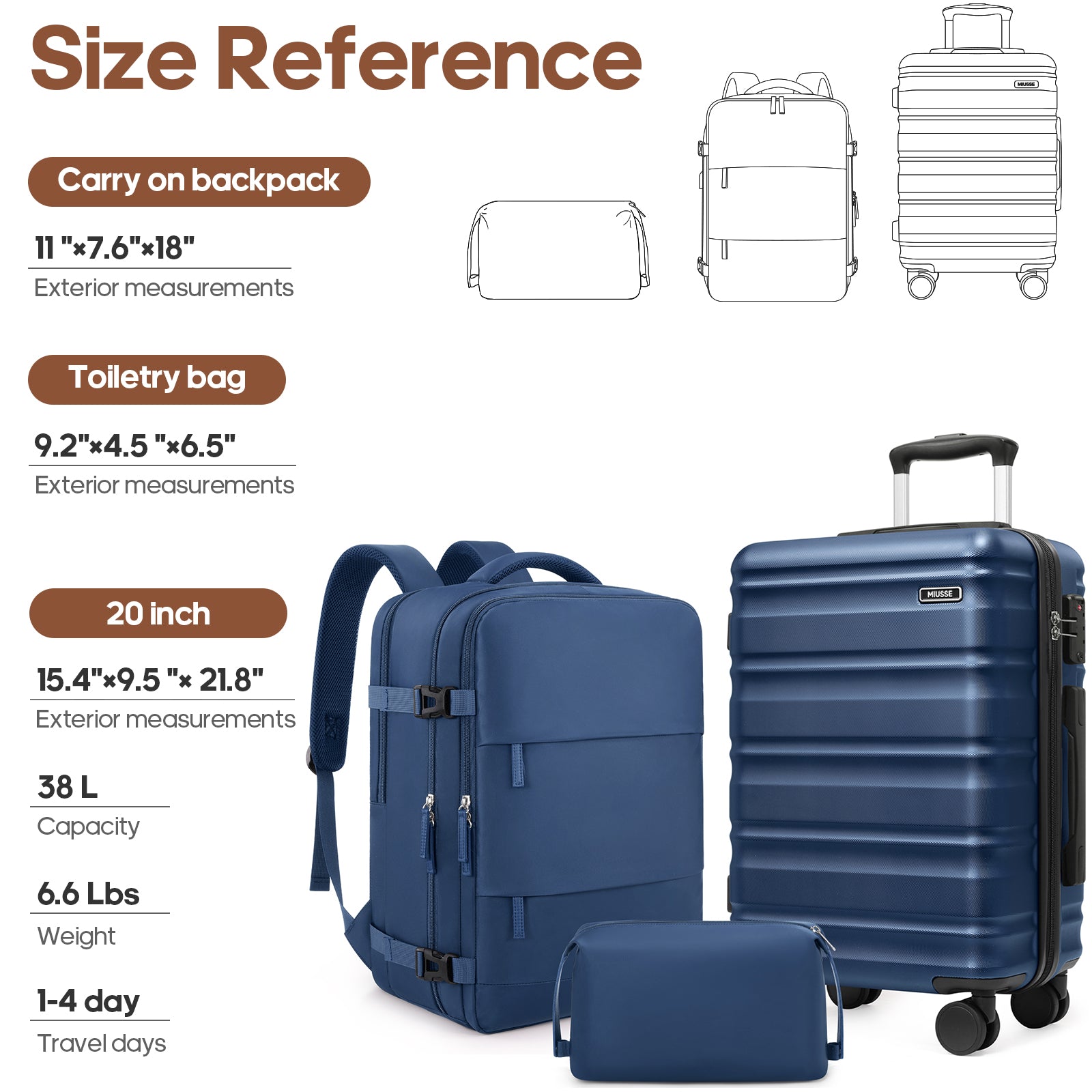 MIUSSE Carry On Luggae for Airplane, 20 Inch Carry On Suitcase with Sp