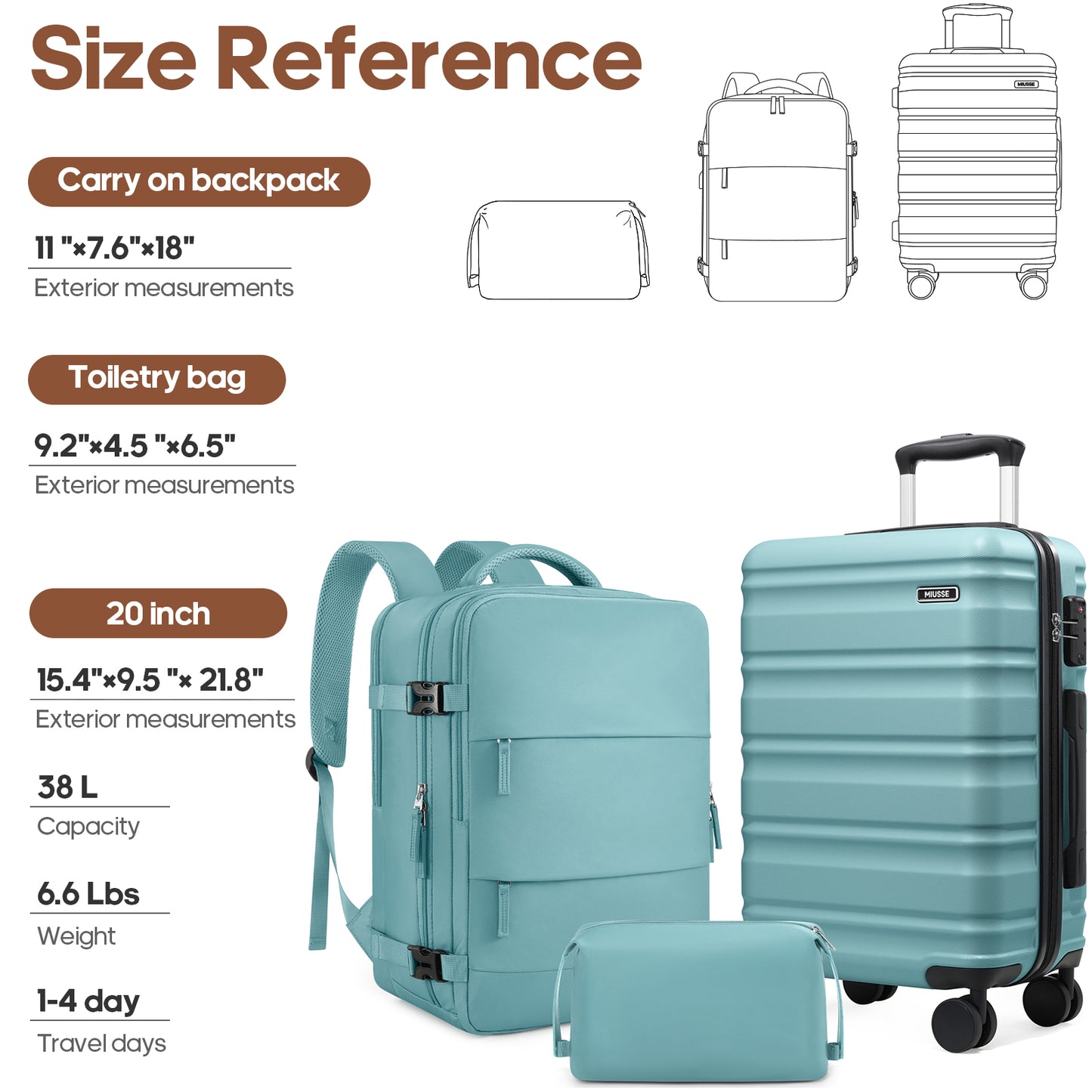 MIUSSE Carry On Luggae for Airplane, 20 Inch Carry On Suitcase with Spinner Wheels and TSA Lock, Hard Shell Luggage Sets 3 Piece with Travel Backpack