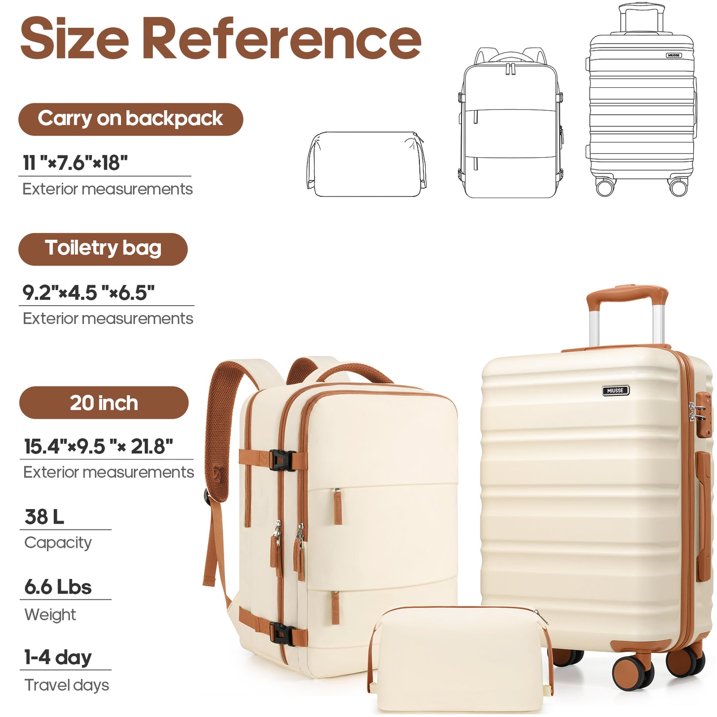 MIUSSE Carry On Luggae for Airplane, 20 Inch Carry On Suitcase with Spinner Wheels and TSA Lock, Hard Shell Luggage Sets 3 Piece with Travel Backpack