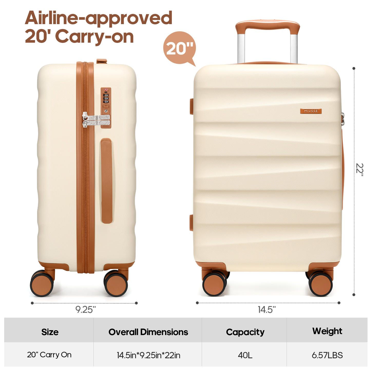 MIUSSE 20 inch Carry On Luggage Airline Approved 100% PC Lightweight Hard Shell Suitcase with Spinner Wheels and TSA Lock, White