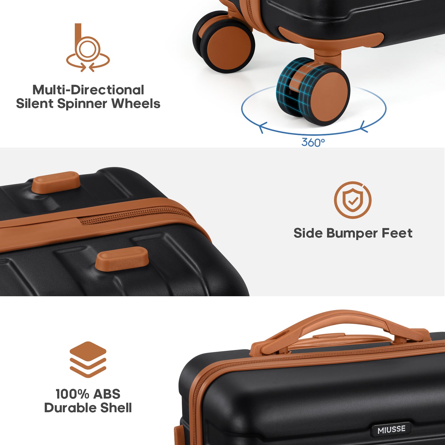 MIUSSE Hardshell Luggage Sets 3 Pieces, Hardside Lightweight Suitcase with Spinner Wheels and TSA Lock, Black Luggage Set 20in24in28in