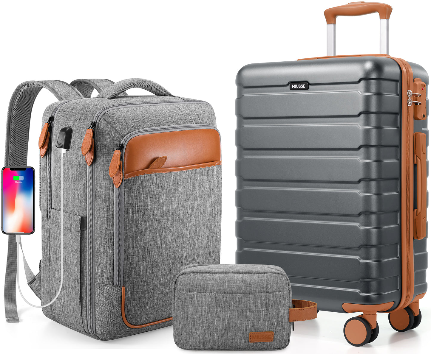 MIUSSE Carry on Luggage Set 3 Piece Hard Shell Luggage Sets with Spinner Wheels TSA Lock Carry on with Backpack Set