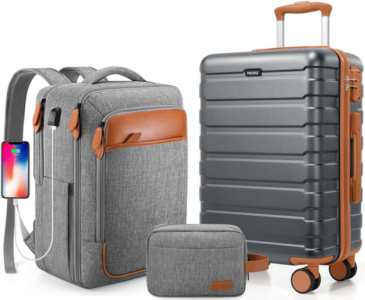 MIUSSE Carry on Luggage Set 3 Piece Hard Shell Luggage Sets with Spinner Wheels TSA Lock Carry on with Backpack Set